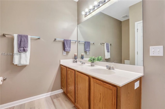 bathroom with vanity, wood-type flooring, and toilet