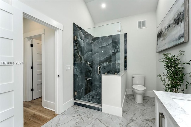 bathroom with vanity, a shower with door, and toilet