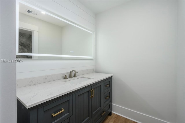 bathroom with vanity and wood-type flooring