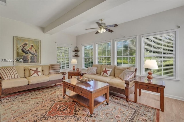 living room featuring ceiling fan, beam ceiling, and light hardwood / wood-style flooring