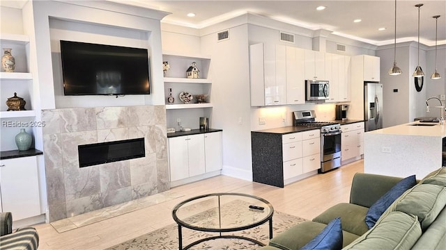 living room with sink, built in shelves, a fireplace, and light wood-type flooring