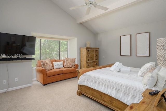 bedroom featuring ceiling fan, lofted ceiling with beams, and light carpet