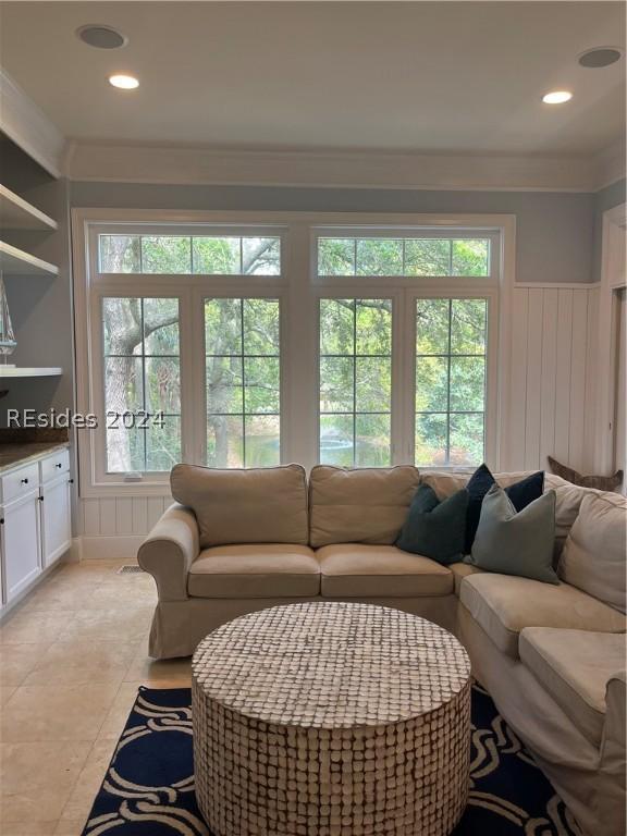 living room with plenty of natural light and built in features