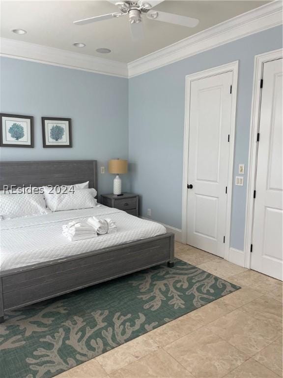 tiled bedroom featuring ceiling fan and ornamental molding