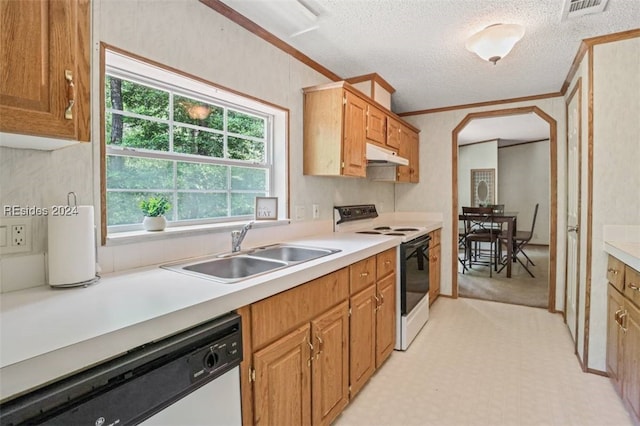 kitchen featuring electric range oven, dishwasher, sink, crown molding, and a textured ceiling