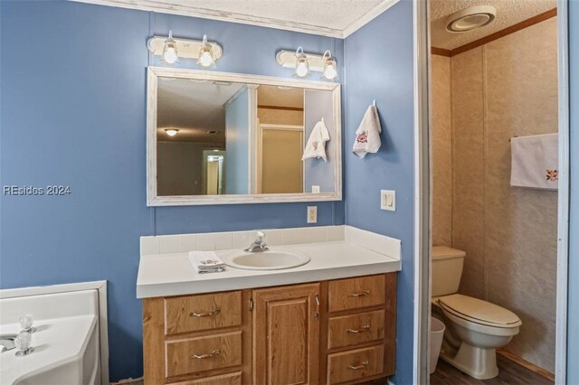 bathroom with crown molding, vanity, a textured ceiling, and toilet