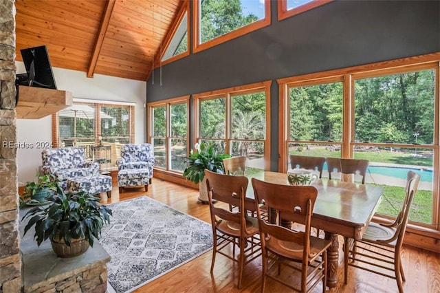 sunroom / solarium with lofted ceiling with beams and wood ceiling