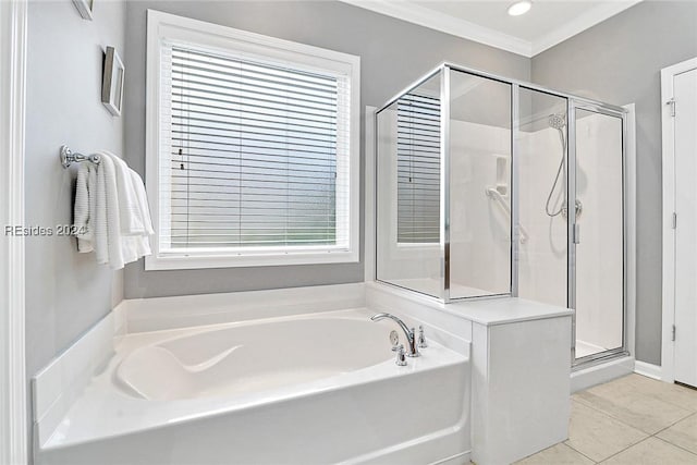 bathroom featuring ornamental molding, tile patterned floors, and plus walk in shower