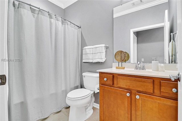 full bathroom featuring shower / bath combination with curtain, tile patterned flooring, vanity, toilet, and crown molding