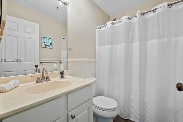 bathroom featuring vanity, a shower with curtain, lofted ceiling, and toilet