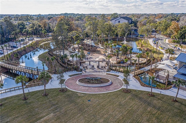 bird's eye view with a water view