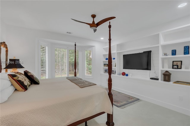 carpeted bedroom with ceiling fan