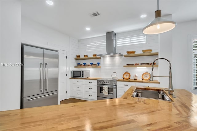 kitchen with high quality appliances, island range hood, and wood counters