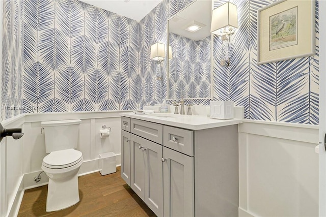 bathroom featuring vanity, hardwood / wood-style floors, and toilet