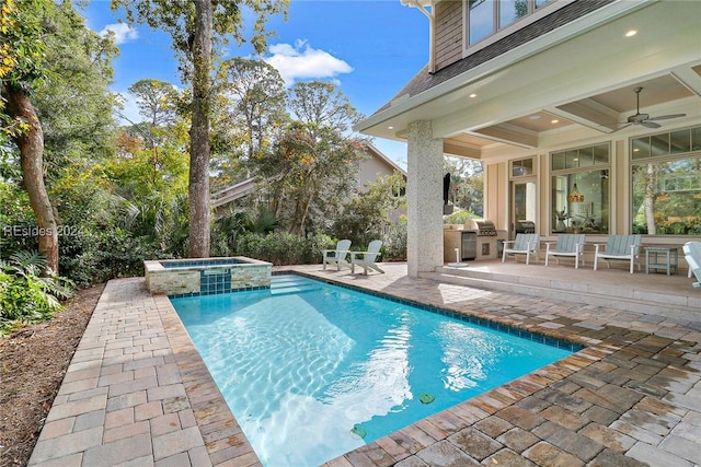 view of pool featuring area for grilling, a patio, ceiling fan, and an in ground hot tub