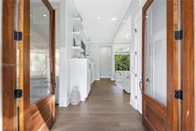 hall with dark hardwood / wood-style floors