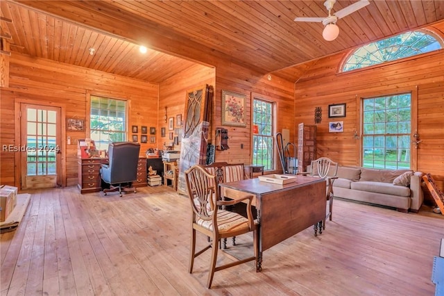 dining room with plenty of natural light, wooden ceiling, ceiling fan, and light wood-type flooring