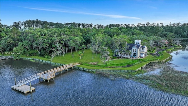 birds eye view of property featuring a water view