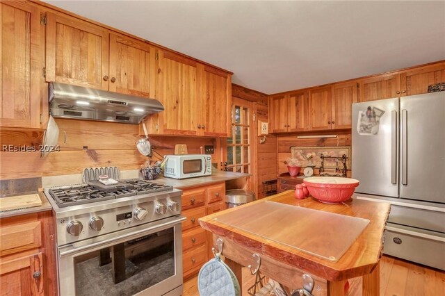 kitchen featuring light hardwood / wood-style flooring, wood walls, and appliances with stainless steel finishes