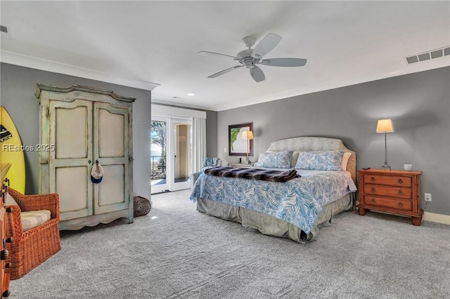 bedroom featuring light carpet, access to outside, ornamental molding, and ceiling fan