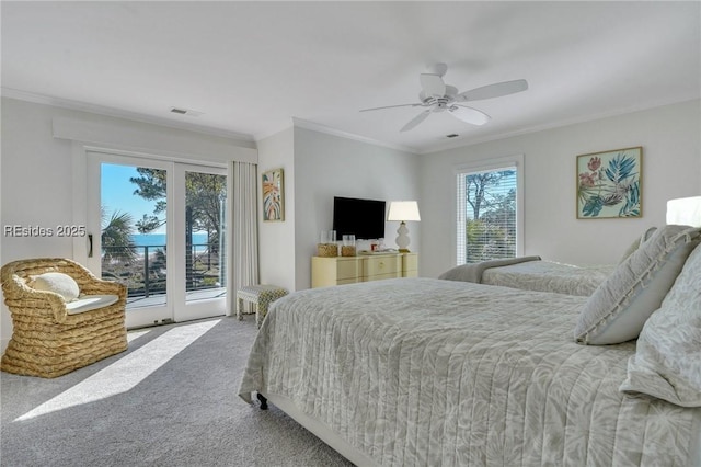 bedroom with carpet floors, access to outside, ornamental molding, and ceiling fan