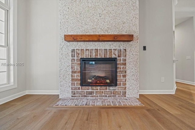 details featuring hardwood / wood-style flooring and a fireplace