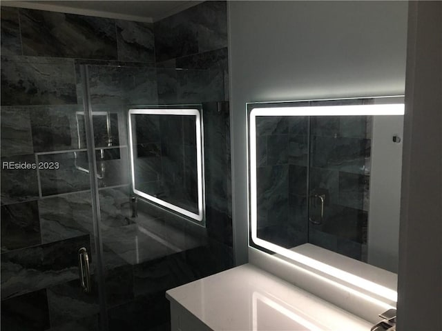 bathroom with walk in shower and vanity