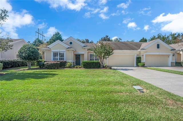 single story home with a garage and a front yard