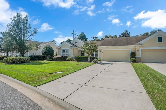 ranch-style house with a garage and a front yard