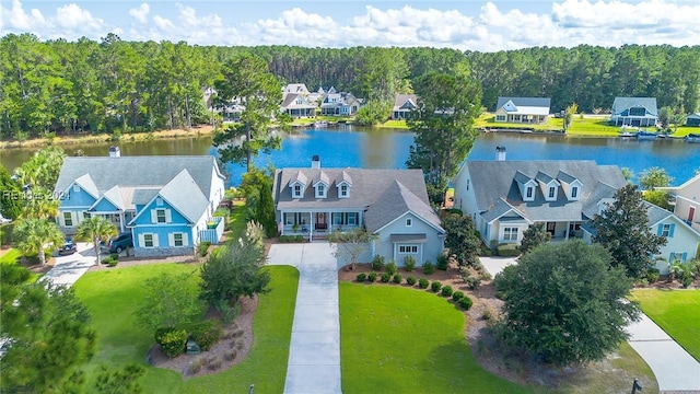 drone / aerial view featuring a water view