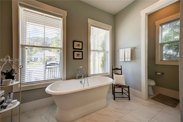 bathroom featuring a wealth of natural light, a bathtub, and toilet