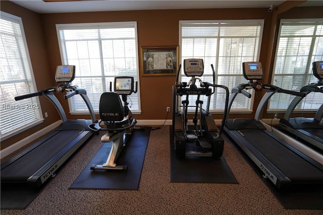 workout area with carpet floors