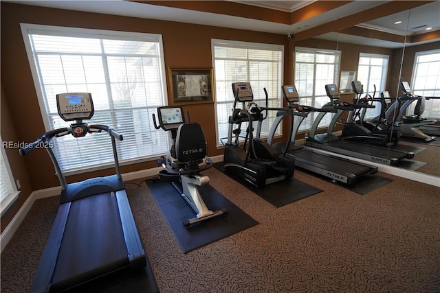 gym with ornamental molding and a wealth of natural light