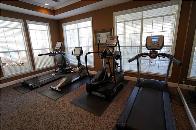 exercise area with crown molding, a tray ceiling, and a wealth of natural light