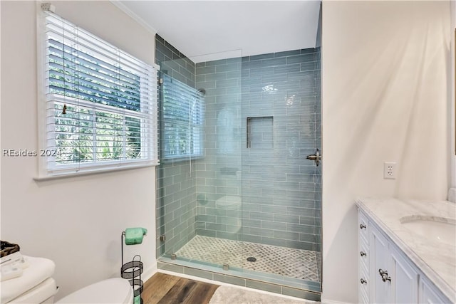 bathroom with toilet, hardwood / wood-style floors, vanity, and a shower with shower door