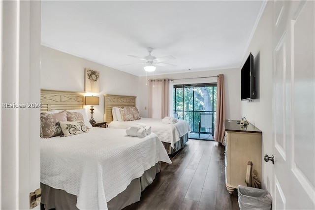 bedroom with dark hardwood / wood-style flooring, ornamental molding, access to exterior, and ceiling fan