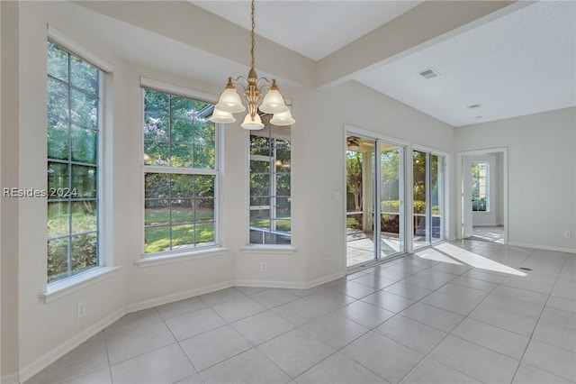 unfurnished dining area with light tile patterned floors, a notable chandelier, and beam ceiling