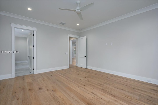 unfurnished bedroom featuring crown molding, ceiling fan, and light hardwood / wood-style flooring