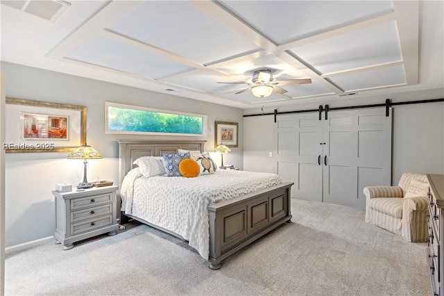 carpeted bedroom featuring coffered ceiling, ceiling fan, and a barn door