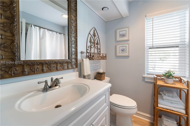 bathroom with vanity, wood-type flooring, toilet, and a healthy amount of sunlight