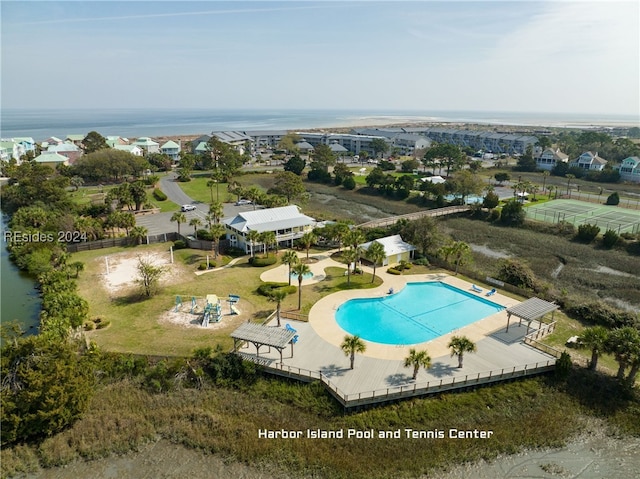 drone / aerial view with a water view