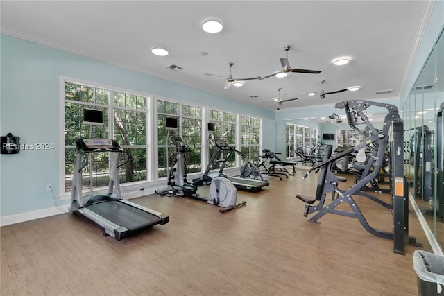 exercise room with ornamental molding, ceiling fan, and light hardwood / wood-style flooring