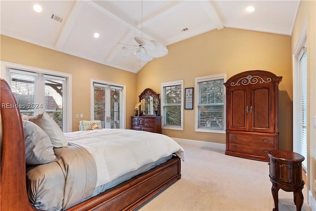 bedroom with lofted ceiling with beams, access to outside, ceiling fan, light carpet, and french doors