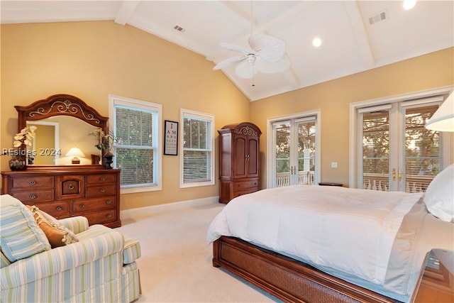 bedroom with ceiling fan, multiple windows, access to exterior, lofted ceiling with beams, and light carpet