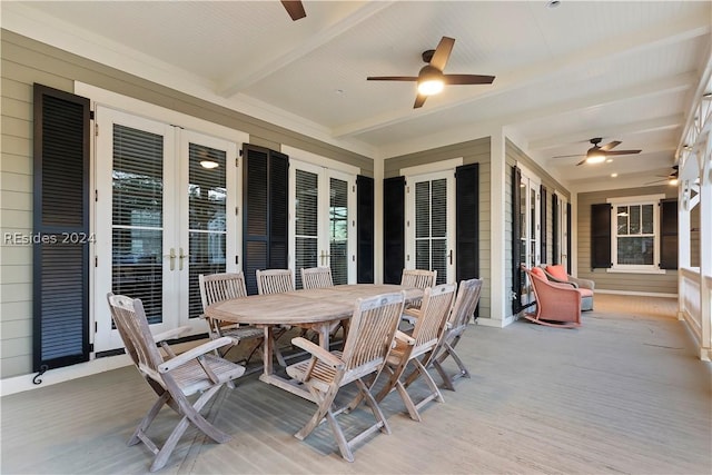 exterior space featuring ceiling fan and french doors