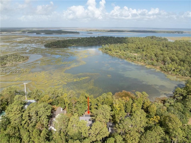 drone / aerial view featuring a water view