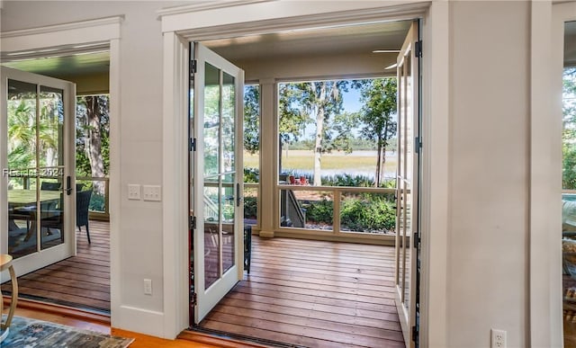 entryway with french doors, a water view, and light hardwood / wood-style flooring