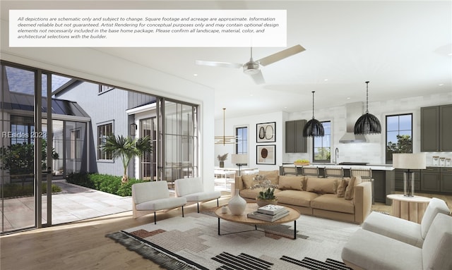 living room featuring ceiling fan and light hardwood / wood-style floors