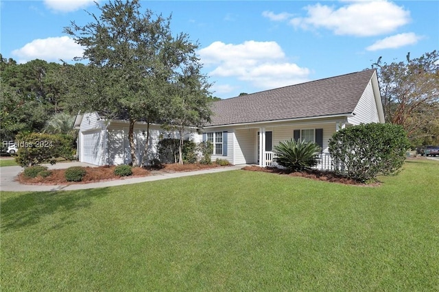 view of front of property featuring a garage, a front yard, and a porch