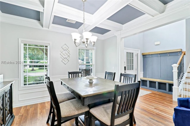 dining area featuring coffered ceiling, beam ceiling, a wealth of natural light, and an inviting chandelier